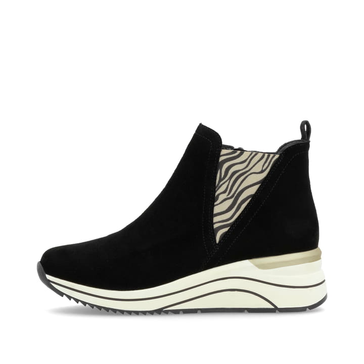 Schwarze remonte Chelsea Boots D0T75-03 mit Animal-Print sowie Reißverschluss. Schuh Außenseite.