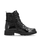 Lackschwarze vegane remonte Damen Schnürstiefel D8659-03 mit Textprint. Schuh Innenseite.