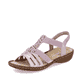 Pastellrosane Rieker Damen Riemchensandalen 60801-30 mit einem Elastikeinsatz. Schuh seitlich schräg.