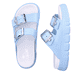 Blaue Rieker Damen Pantoletten P2180-10 mit Schnalle sowie flexibler Sohle. Schuh von oben, liegend.
