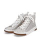 Graue Rieker Damen Sneaker High N3945-40 mit Reißverschluss sowie Komfortweite G. Schuhpaar seitlich schräg.