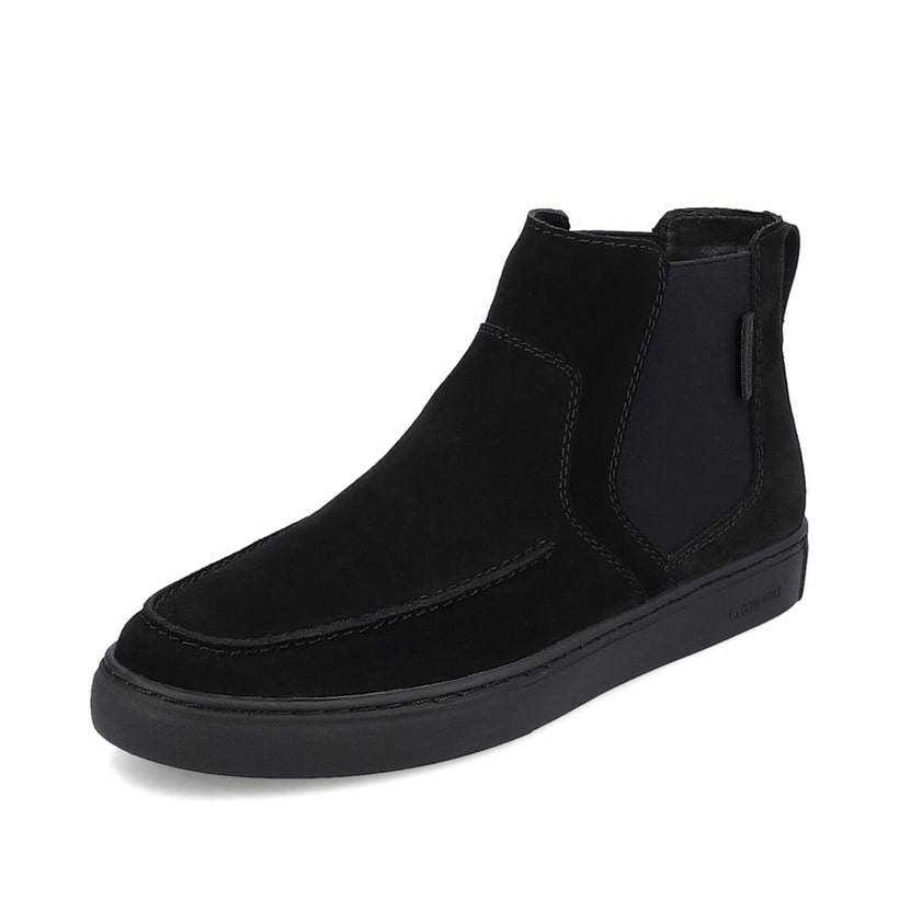 Schwarze Rieker EVOLUTION Herren Chelsea Boots U0761-00 mit einer robusten Sohle. Schuh seitlich schräg.