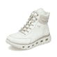 Schwanenweiße Rieker Damen Schnürstiefel M6010-80 mit Schnürung und Reißverschluss. Schuh seitlich schräg.