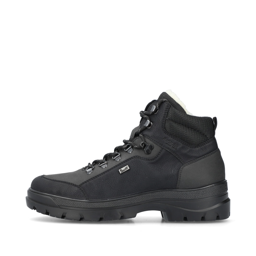 
Asphaltschwarze Rieker Herren Schnürstiefel F5410-00 mit Flip-Grip Sohle mit Spikes. Schuh Außenseite