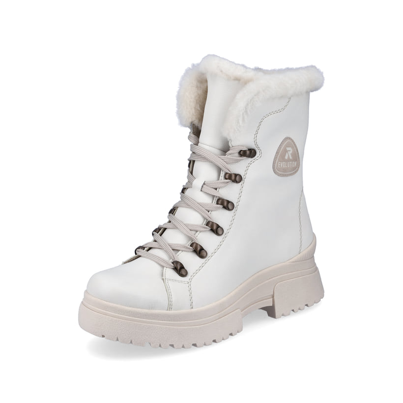 Weiße Rieker EVOLUTION Damen Stiefel W0372-80 mit Schnürung und Reißverschluss. Schuh seitlich schräg.