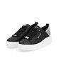 Schwarze Rieker Damen Sneaker Low W0502-02 mit einer ultra leichten Sohle. Schuhpaar seitlich schräg.
