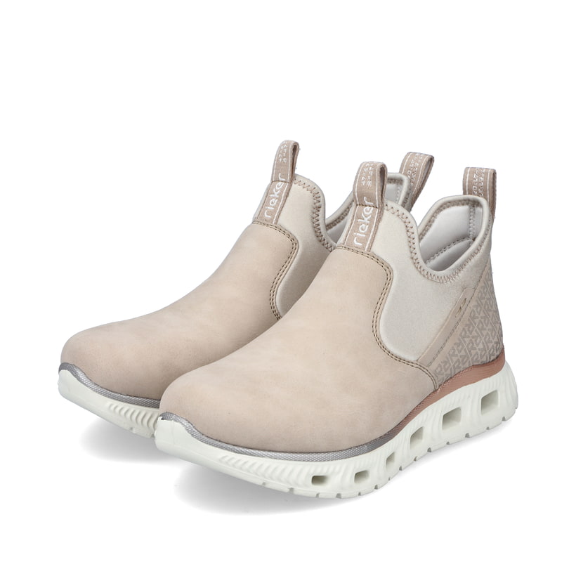 Beige Rieker Damen Sneaker High M6053-62 mit flexibler und ultraleichter Sohle. Schuhpaar seitlich schräg.