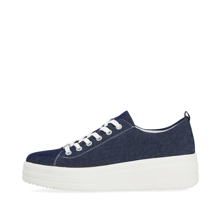 Blaue remonte Damen Sneaker D1C03-14 mit Schnürung sowie Ziernähten. Schuh Außenseite.