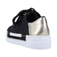 Schwarze Rieker Damen Sneaker Low N4931-00 mit Schnürung sowie goldenen Ösen. Schuh von hinten.