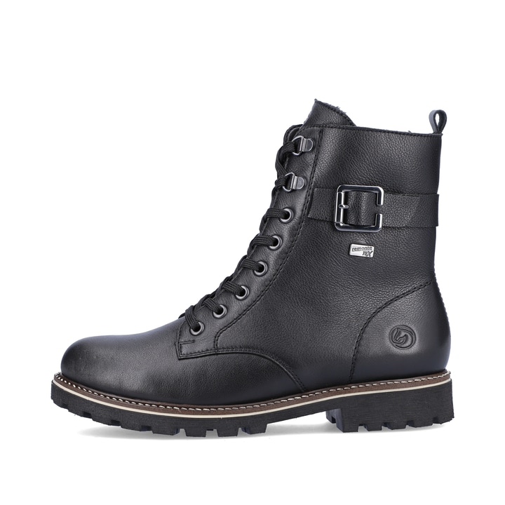 
Schwarze remonte Damen Biker Boots D8475-01 mit einer dämpfenden Profilsohle. Schuh Außenseite