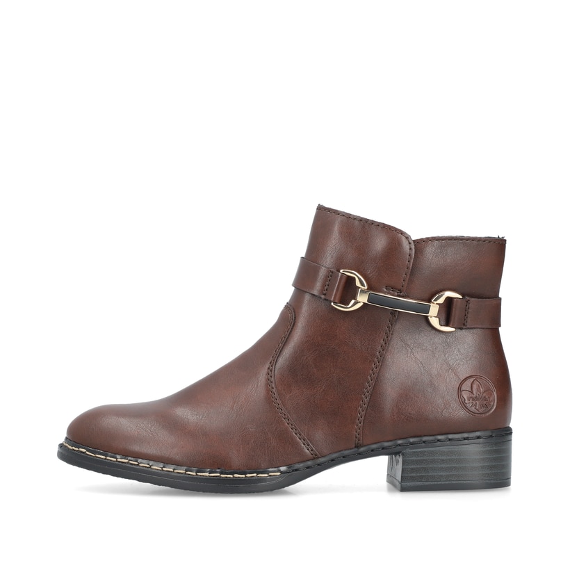 Schokobraune Rieker Damen Stiefeletten 73487-25 mit Schmuckelement. Schuh Außenseite.