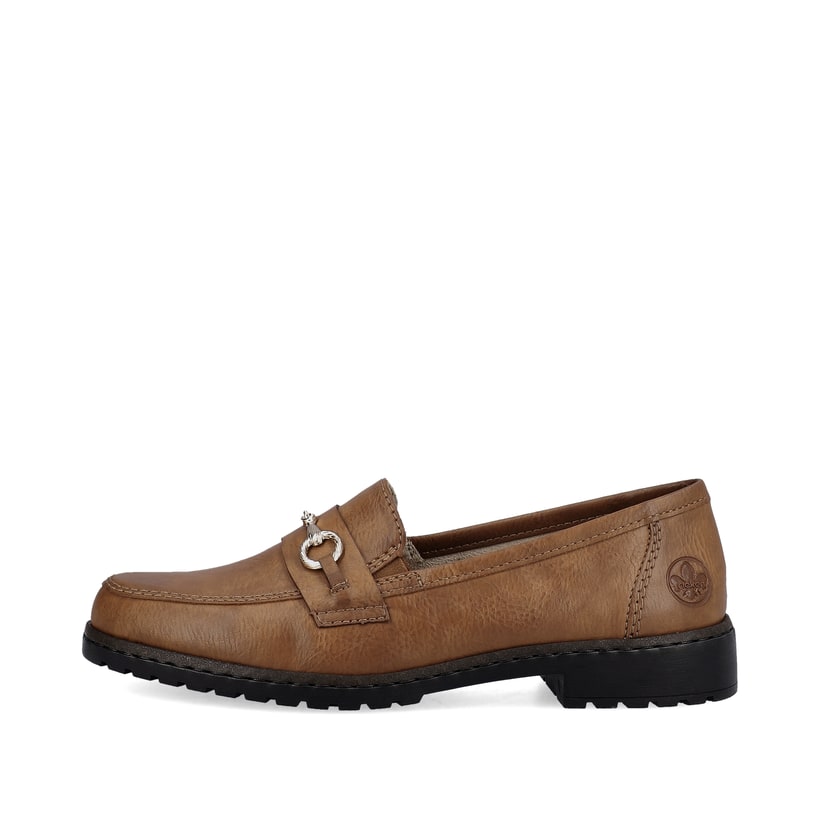 
Nougatbraune Rieker Damen Loafers 51860-24 mit einer schockabsorbierenden Sohle. Schuh Außenseite