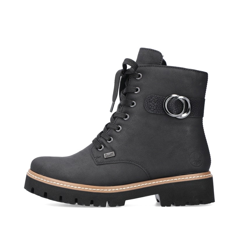 
Tiefschwarze Rieker Damen Biker Boots Z5723-00 mit Schnürung und Reißverschluss. Schuh Außenseite