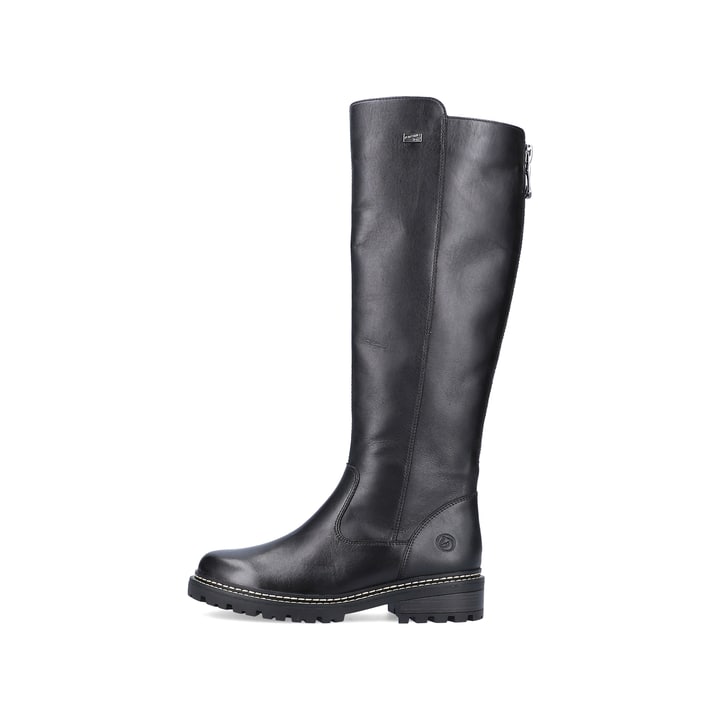 
Asphaltschwarze remonte Damen Hochschaftstiefel D0B72-01 mit einer Profilsohle. Schuh Außenseite