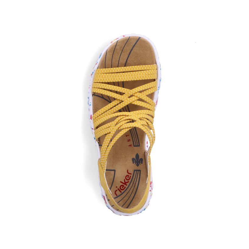 Sonnenblumengelbe Rieker Damen Trekkingsandalen 67898-68 mit einer flexiblen Sohle. Schuh von oben.