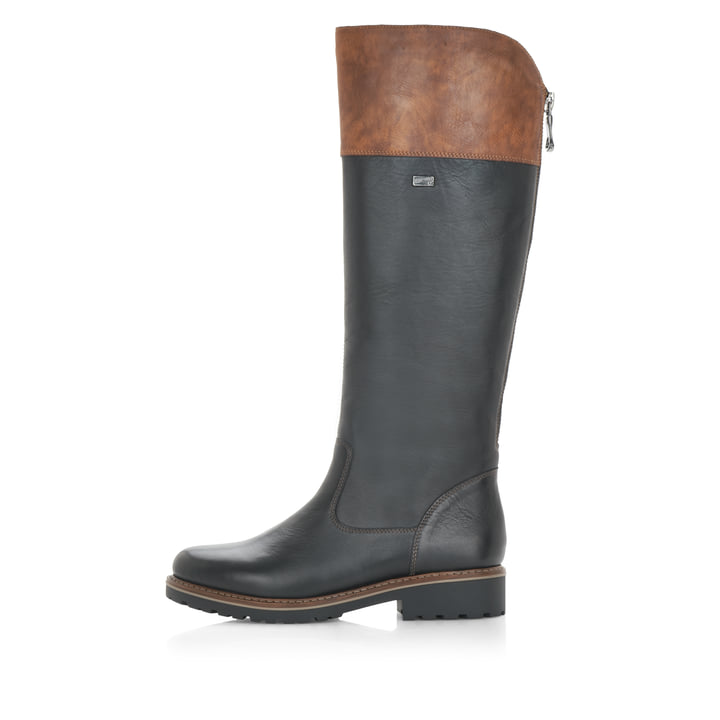 
Nachtschwarze remonte Damen Hochschaftstiefel R6581-02 mit einer Profilsohle. Schuh Außenseite