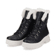 Schwarze Rieker Damen Schnürstiefel W0372-00 mit einer leichten Plateausohle. Schuhpaar seitlich schräg.