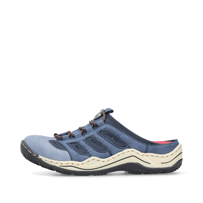 Blaue Rieker Damen Clogs L0555-10 mit Gummischnürung sowie einer leichten Sohle. Schuh Außenseite.