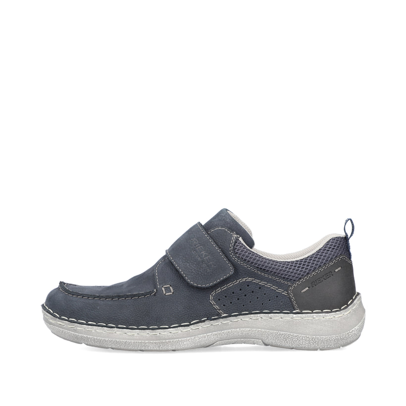 Blaue Rieker Herren Slipper 03058-14 mit Klettverschluss sowie Ziernähten. Schuh Außenseite.
