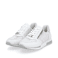 Reinweiße vegane remonte Damen Sneaker D0H12-80 mit einem Reißverschluss. Schuhpaar seitlich schräg.