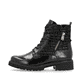 Lackschwarze vegane remonte Damen Schnürstiefel D8659-03 mit Textprint. Schuh Außenseite.