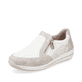 Weiße Rieker Damen Slipper N1151-61 mit einem Reißverschluss sowie Extraweite H. Schuh seitlich schräg.