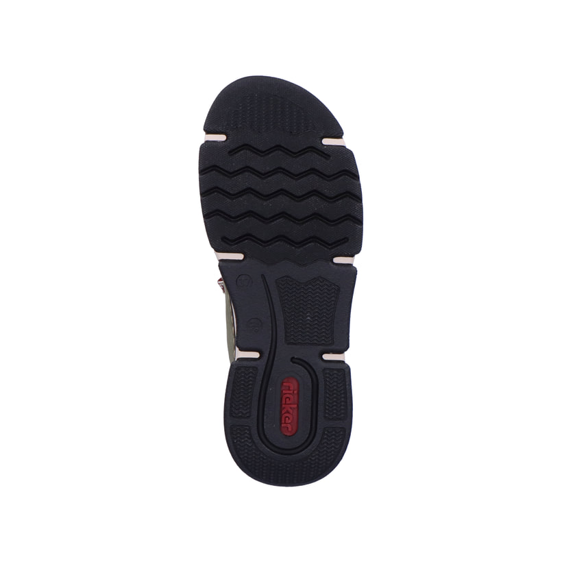 Khakigrüne Rieker Damen Slipper 45973-54 mit Elastikeinsatz sowie einer leichten Sohle. Schuh Laufsohle.