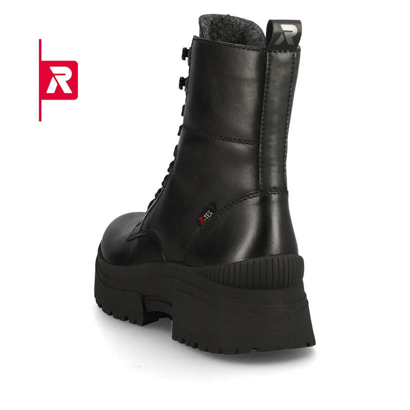 Schwarze Rieker EVOLUTION Damen Stiefel W0371-00 mit Schnürung und Reißverschluss. Schuh von hinten.