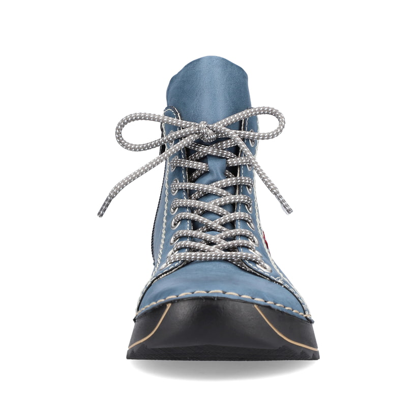 Blaugraue Rieker Damen Schnürstiefel 71510-14 mit einer schockabsorbierenden Sohle. Schuh von vorne.