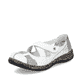 Weiße Rieker Damen Slipper 46367-80 mit einem Klettverschluss. Schuh seitlich schräg.
