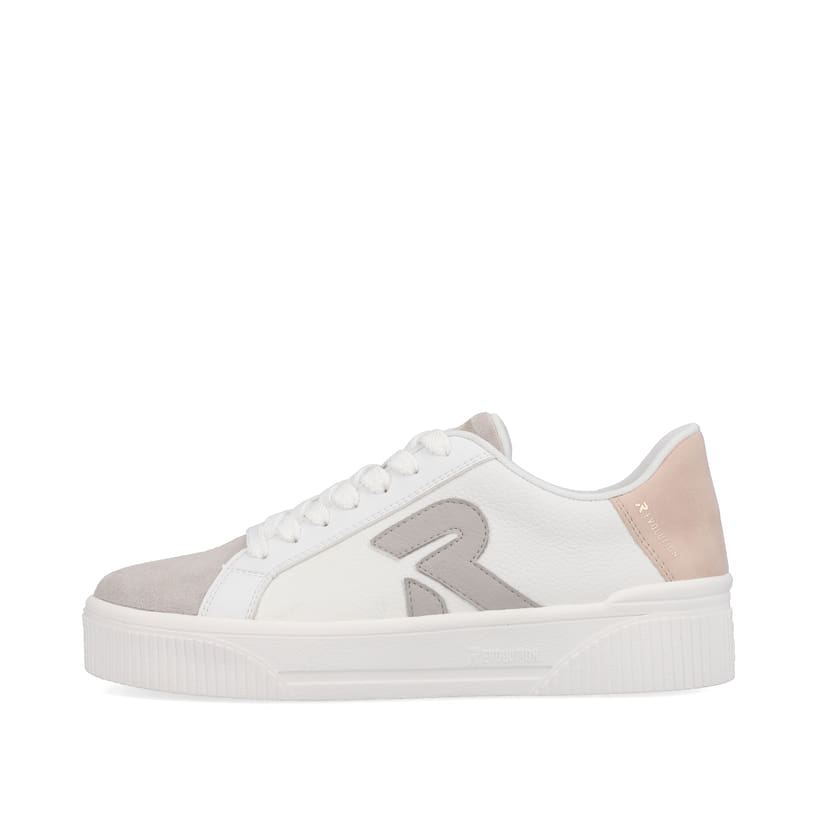 Weiße Rieker Damen Sneaker Low W0700-90 mit strapazierfähiger Plateausohle. Schuh Außenseite.