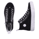 Schwarze Rieker Damen Sneaker High L9892-00 mit Reißverschluss sowie weißem Logo. Schuh von oben, liegend.