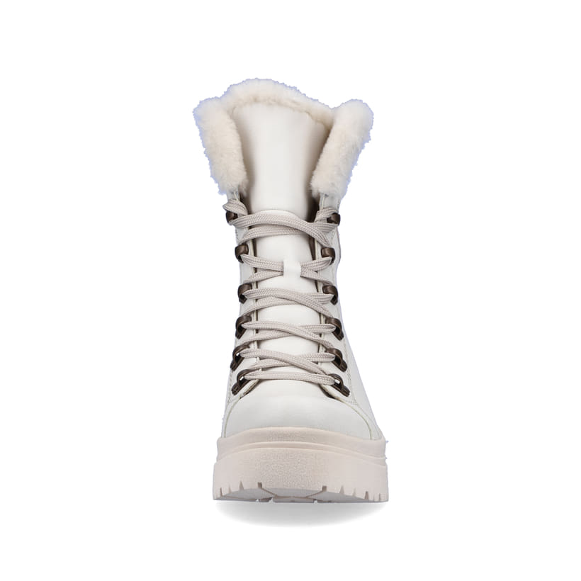 Weiße Rieker EVOLUTION Damen Stiefel W0372-80 mit Schnürung und Reißverschluss. Schuh von vorne.