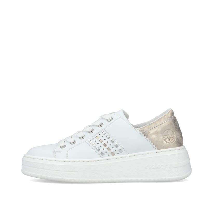 Weiße Rieker Damen Sneaker Low N5440-80 mit Schnürung sowie Ziernähten. Schuh Außenseite.