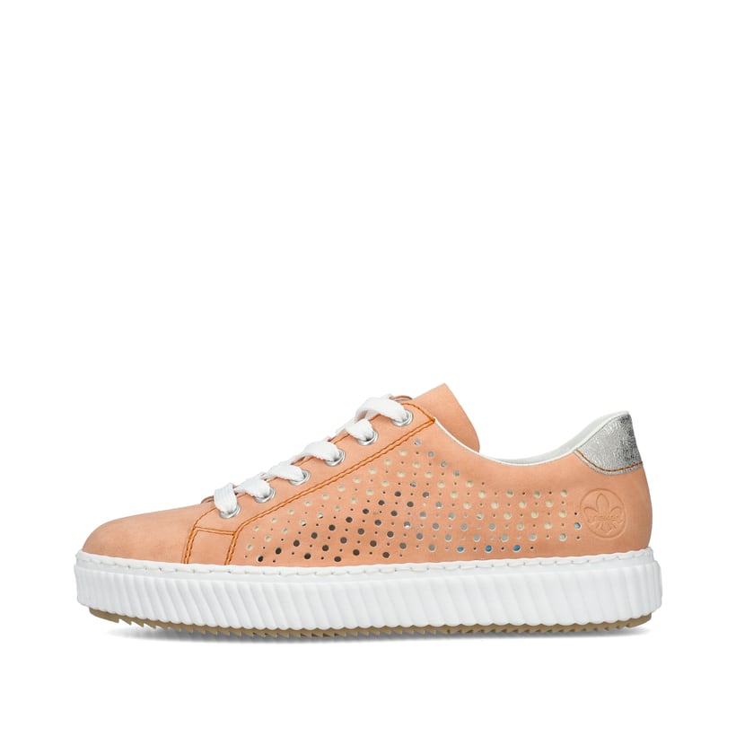 Orangene Rieker Damen Sneaker Low M3901-38 mit einer Schnürung sowie Löcheroptik. Schuh Außenseite.
