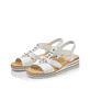 Weiße Rieker Keilsandaletten V0687-80 mit Elastikeinsatz sowie Schmuckelementen. Schuhpaar seitlich schräg.