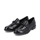 
Glanzschwarze remonte Damen Loafers D0F03-02 mit Elastikeinsatz sowie Blockabsatz. Schuhpaar schräg.