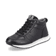 Schwarze Rieker EVOLUTION Damen Sneaker 42570-00 mit Schnürung und Reißverschluss. Schuh seitlich schräg.