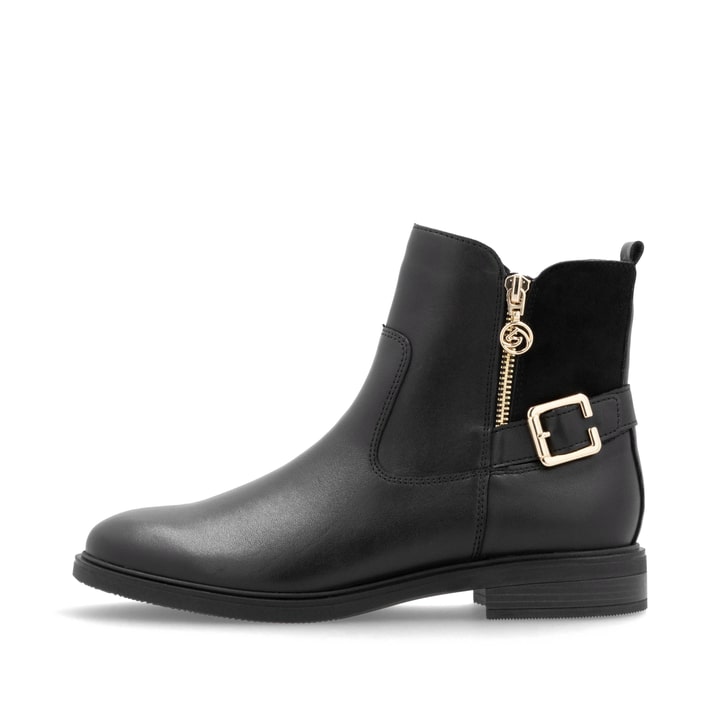 Nachtschwarze remonte Damen Kurzstiefel D1U71-00 mit goldener Zierschnalle. Schuh Außenseite.