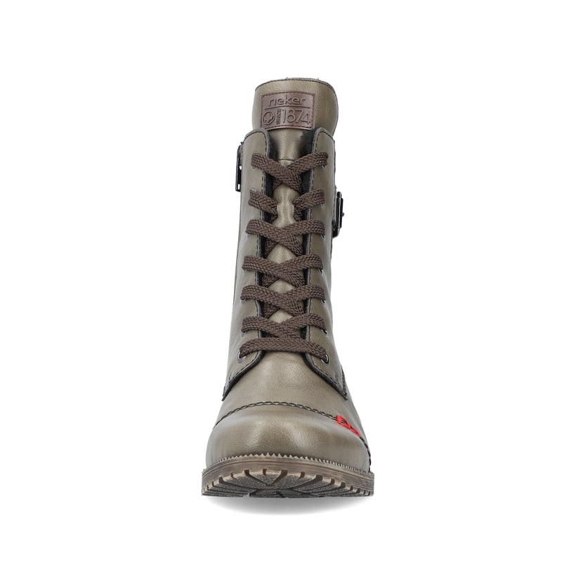 Armeegrüne Rieker Damen Schnürstiefel 70345-54 mit einer Profilsohle mit Blockabsatz. Schuh von vorne.
