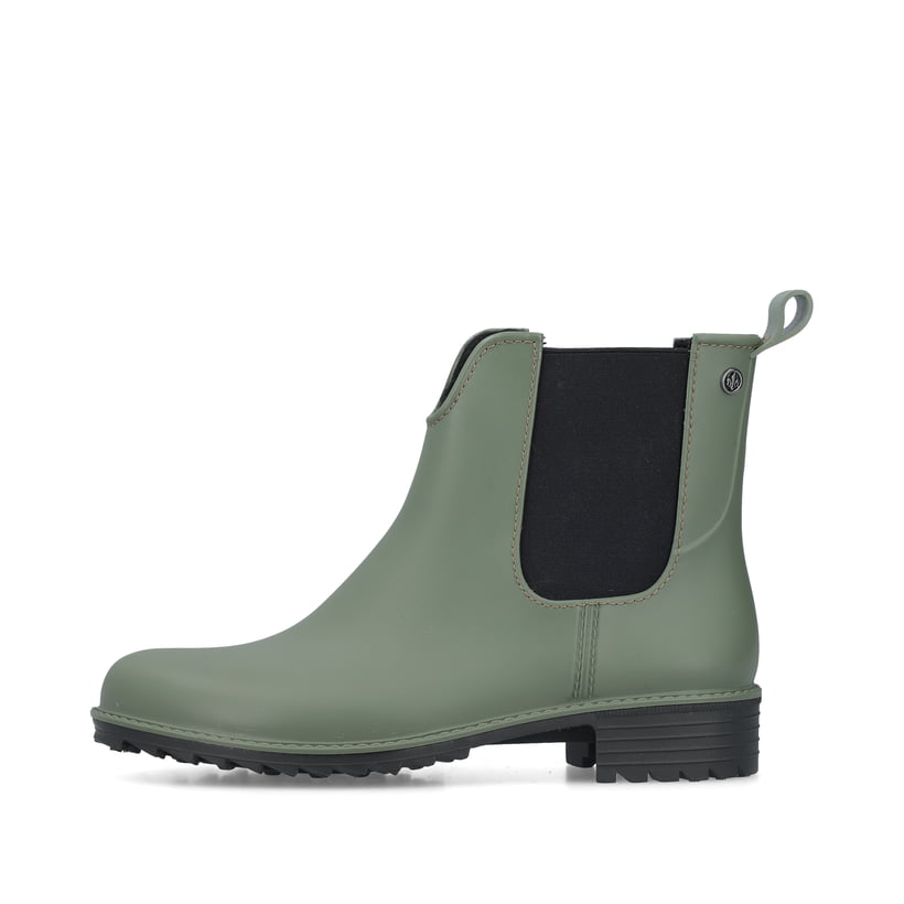 Schilfgrüne Rieker Damen Chelsea Boots P8260-54 mit Elastikeinsatz. Schuh Außenseite.