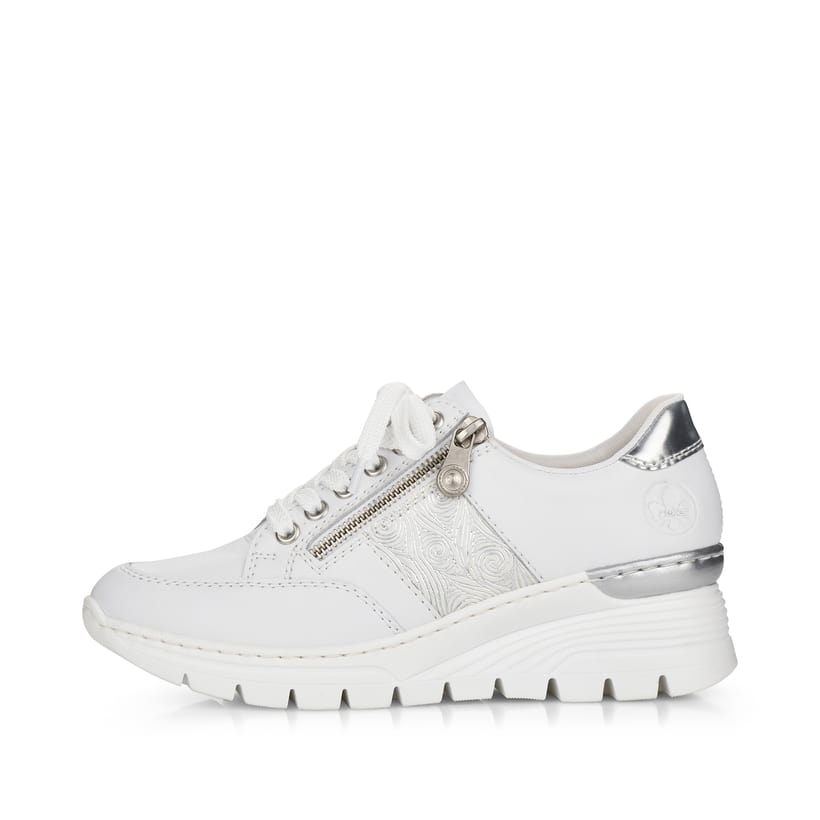 Weiße Rieker Damen Sneaker Low N8322-80 mit Reißverschluss sowie Komfortweite G. Schuh Außenseite.
