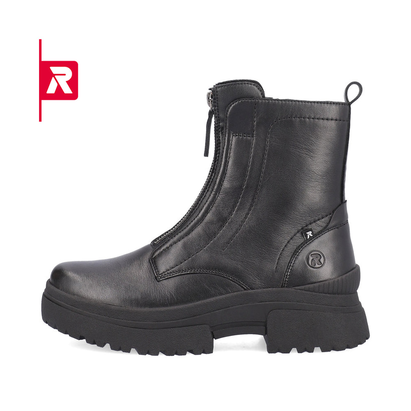 Schwarze Rieker EVOLUTION Damen Stiefel W0375-00 mit einer leichten Plateausohle. Schuh Außenseite.
