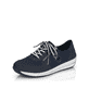 Blaue Rieker Damen Sneaker Low N1111-14 mit Reißverschluss sowie geprägtem Logo. Schuh seitlich schräg.