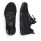 Schwarze Rieker Damen Slipper M5070-00 mit ultra leichter und flexibler Sohle. Schuh von oben, liegend.