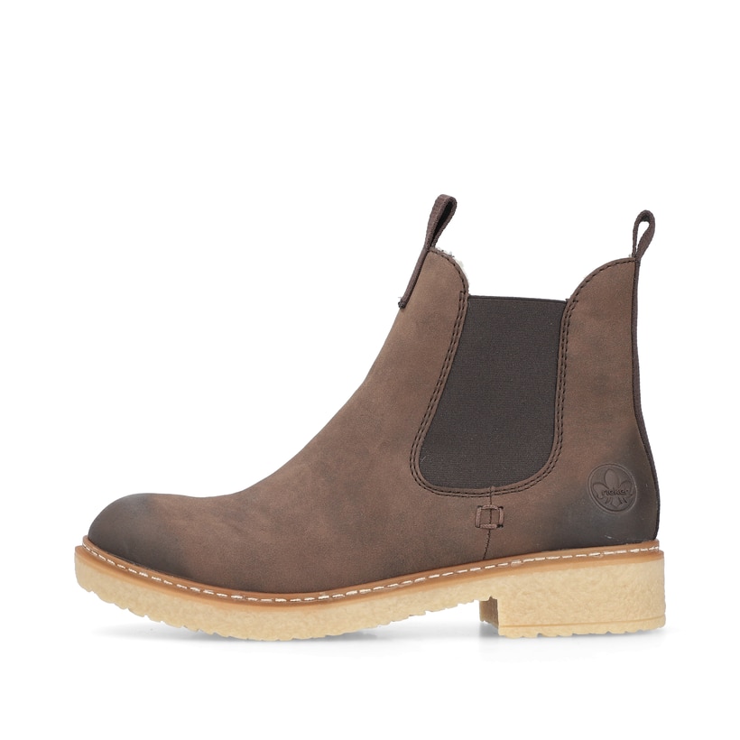 Nussbraune Rieker Damen Chelsea Boots Z5050-25 mit einem Reißverschluss. Schuh Außenseite.