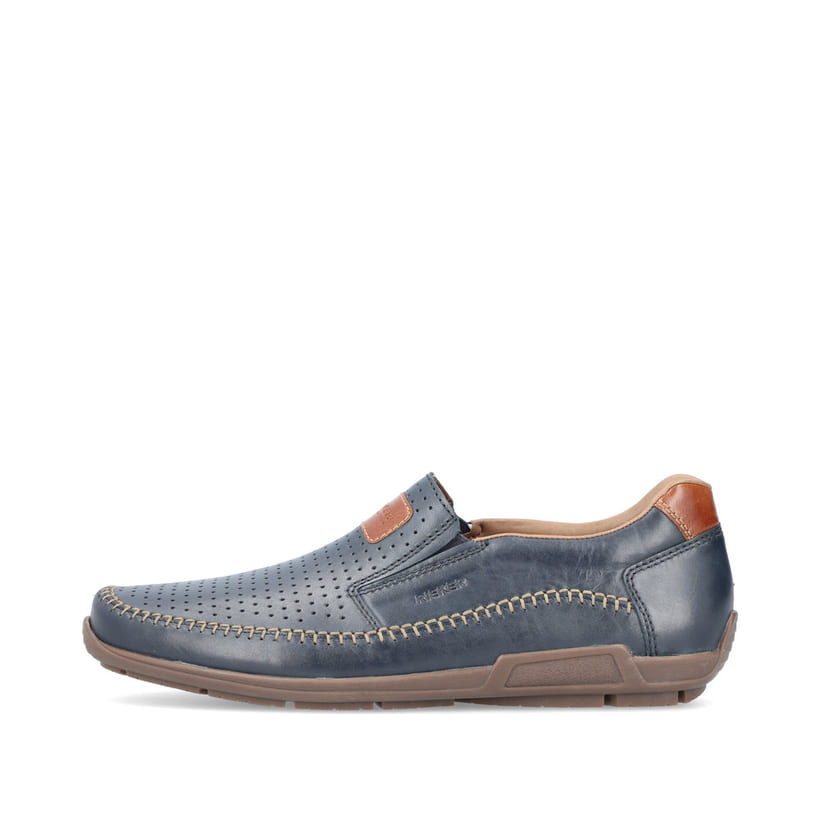 Blau-metallische Rieker Herren Slipper 09056-14 mit einer robusten Profilsohle. Schuh Außenseite.