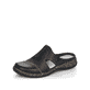 Schwarze Rieker Damen Clogs 46362-00 mit einem Klettverschluss. Schuh seitlich schräg.