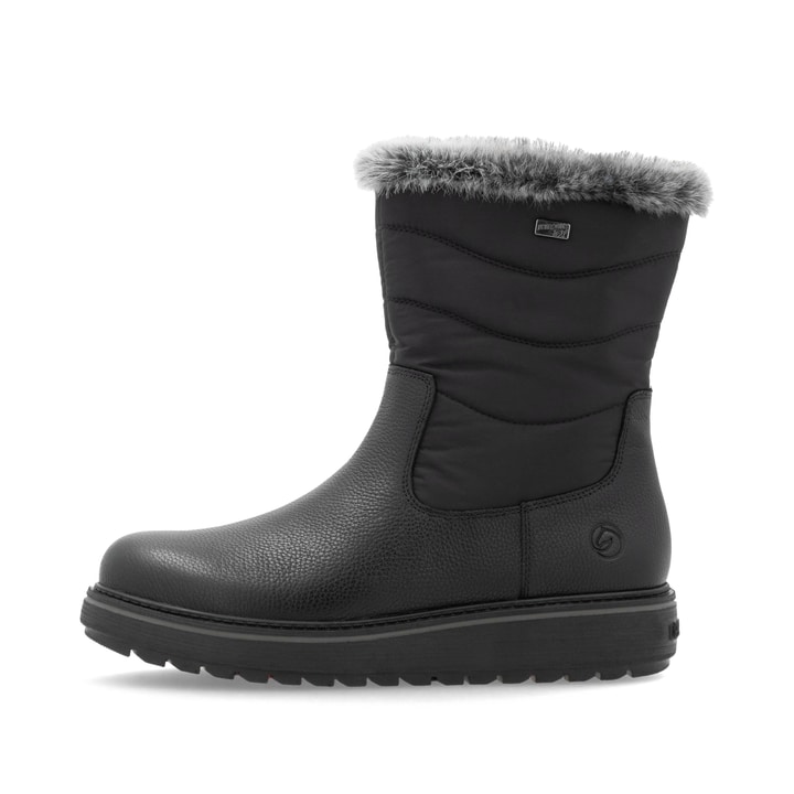 Mitternachtsschwarze remonte Damen Kurzstiefel D0U79-03 mit Flip-Grip Sohle. Schuh Außenseite.