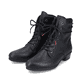 
Tiefschwarze Rieker Damen Stiefeletten Y0701-00 mit Schnürung und Reißverschluss. Schuhpaar schräg.